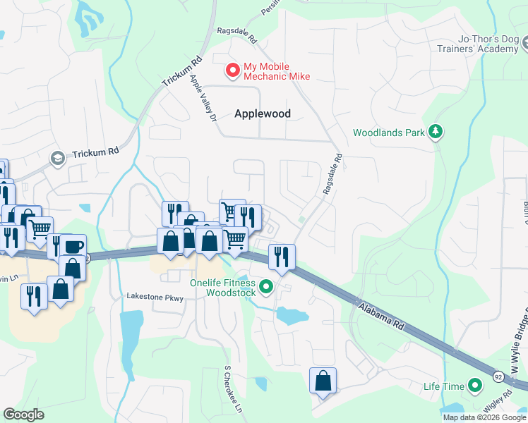 map of restaurants, bars, coffee shops, grocery stores, and more near 142 Weatherstone Square Drive in Woodstock