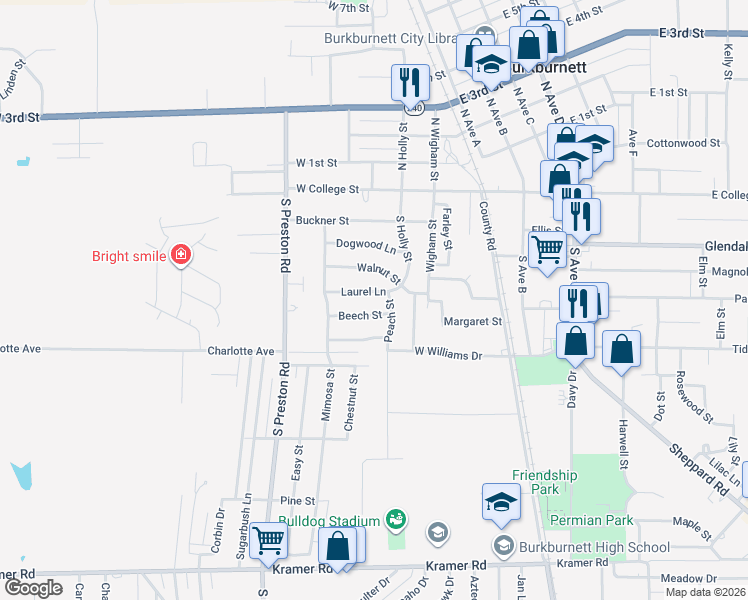 map of restaurants, bars, coffee shops, grocery stores, and more near 210 Beech Street in Burkburnett