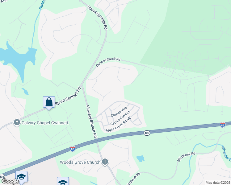 map of restaurants, bars, coffee shops, grocery stores, and more near 5296 Apple Grove Road Northeast in Buford