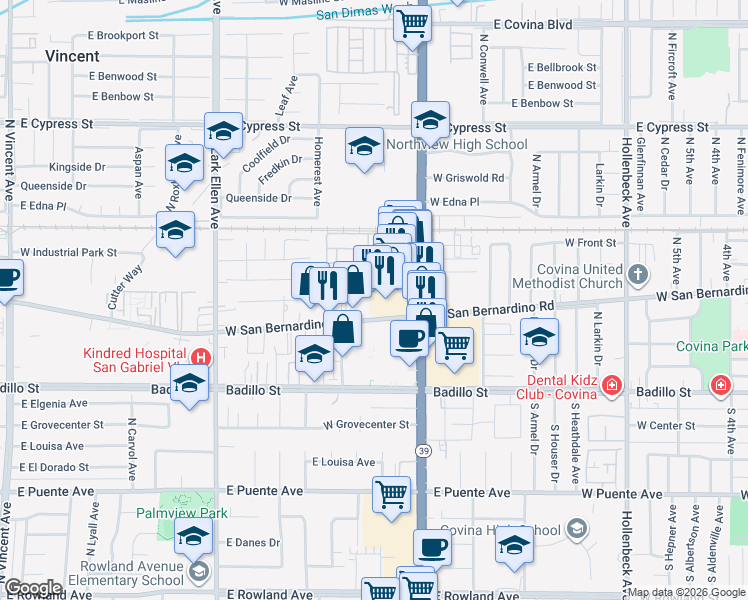 map of restaurants, bars, coffee shops, grocery stores, and more near 1025 West San Bernardino Road in Covina