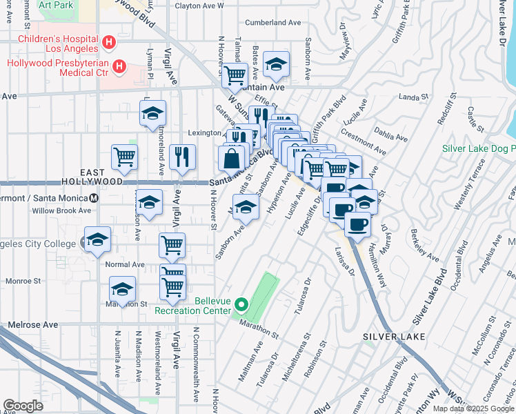 map of restaurants, bars, coffee shops, grocery stores, and more near 966 Sanborn Avenue in Los Angeles