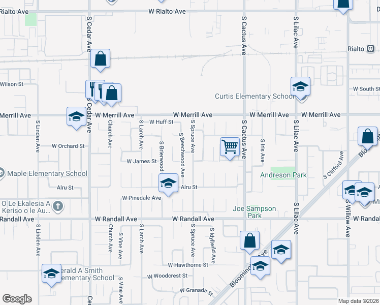 map of restaurants, bars, coffee shops, grocery stores, and more near 675 South Beechwood Avenue in Rialto