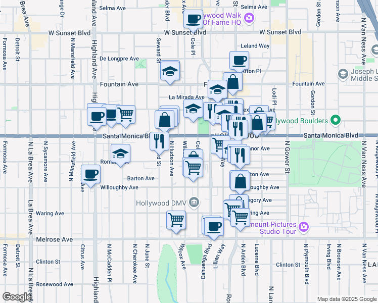 map of restaurants, bars, coffee shops, grocery stores, and more near 1022 Wilcox Avenue in Los Angeles