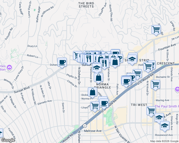 map of restaurants, bars, coffee shops, grocery stores, and more near 1001 Hammond Street in West Hollywood