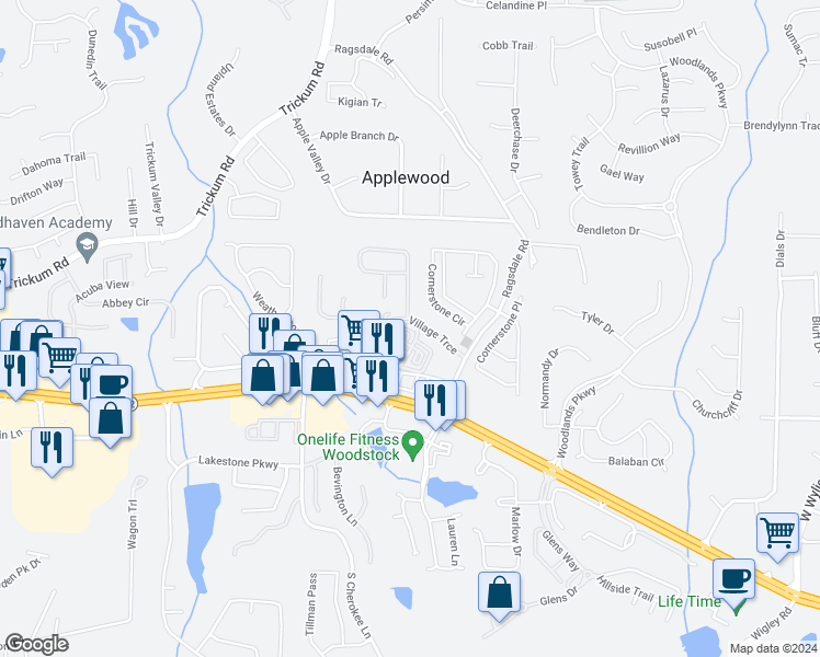 map of restaurants, bars, coffee shops, grocery stores, and more near 316 Village Circle in Woodstock
