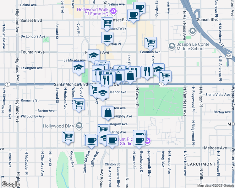 map of restaurants, bars, coffee shops, grocery stores, and more near 6112 Eleanor Avenue in Los Angeles