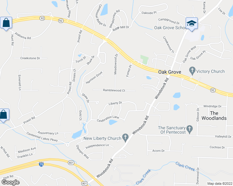 map of restaurants, bars, coffee shops, grocery stores, and more near 2515 Ramblewood Court in Acworth