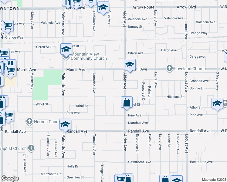 map of restaurants, bars, coffee shops, grocery stores, and more near 17633 Hibiscus Court in Fontana