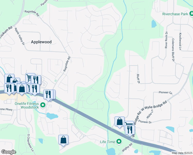 map of restaurants, bars, coffee shops, grocery stores, and more near 304 Wickley Way in Woodstock