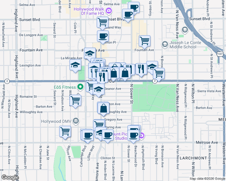 map of restaurants, bars, coffee shops, grocery stores, and more near 6101 Romaine Street in Los Angeles
