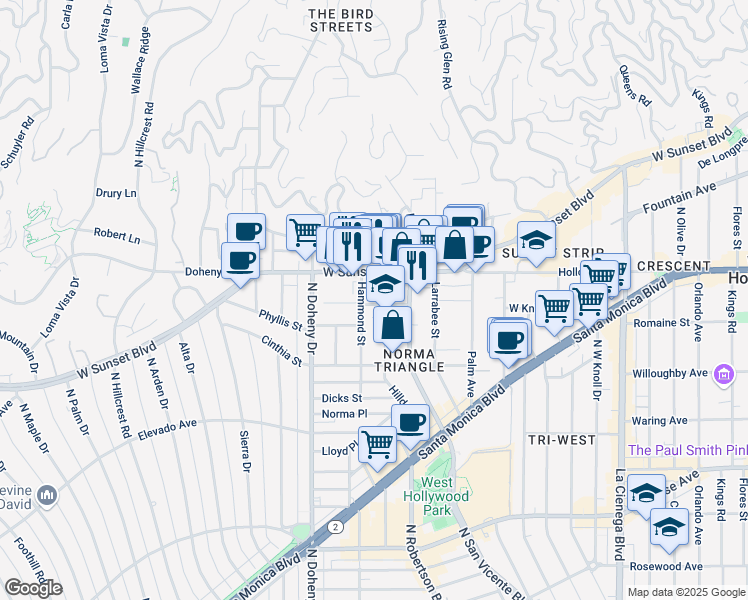 map of restaurants, bars, coffee shops, grocery stores, and more near 1010 Hammond Street in West Hollywood