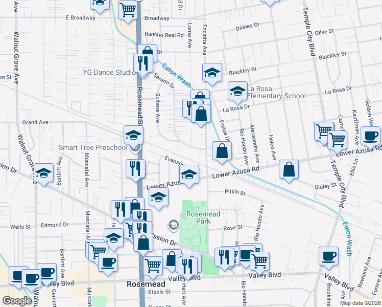 map of restaurants, bars, coffee shops, grocery stores, and more near 9113 Evansport Drive in Rosemead