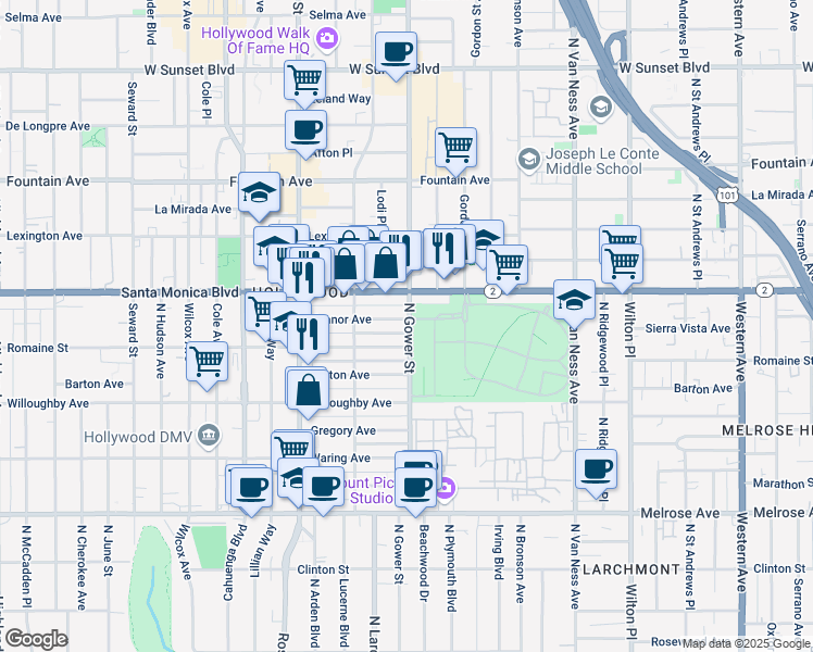 map of restaurants, bars, coffee shops, grocery stores, and more near 6023 Romaine Street in Los Angeles