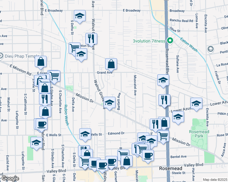 map of restaurants, bars, coffee shops, grocery stores, and more near 4716 Walnut Grove Avenue in Rosemead