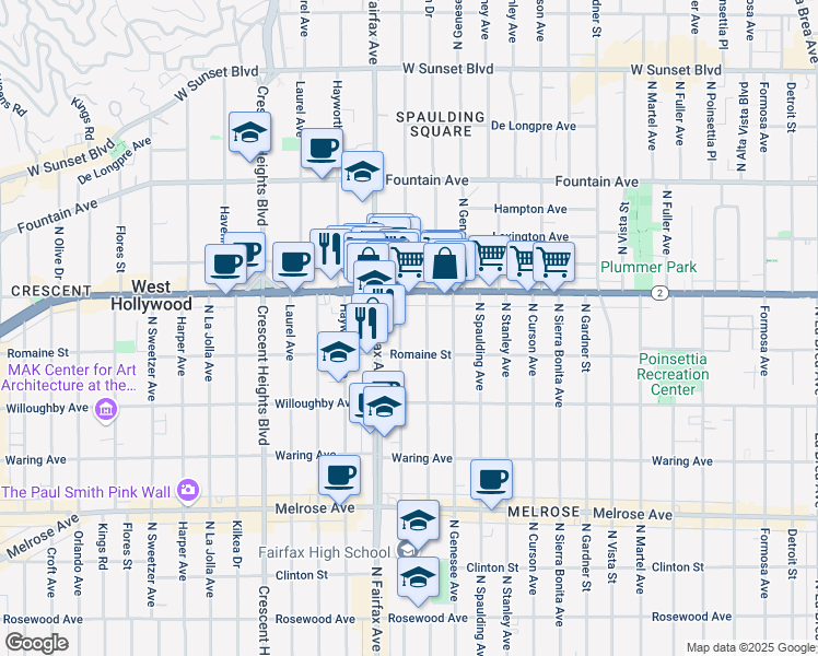 map of restaurants, bars, coffee shops, grocery stores, and more near 1001 North Orange Grove Avenue in West Hollywood