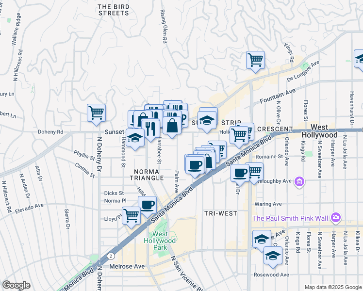 map of restaurants, bars, coffee shops, grocery stores, and more near in West Hollywood