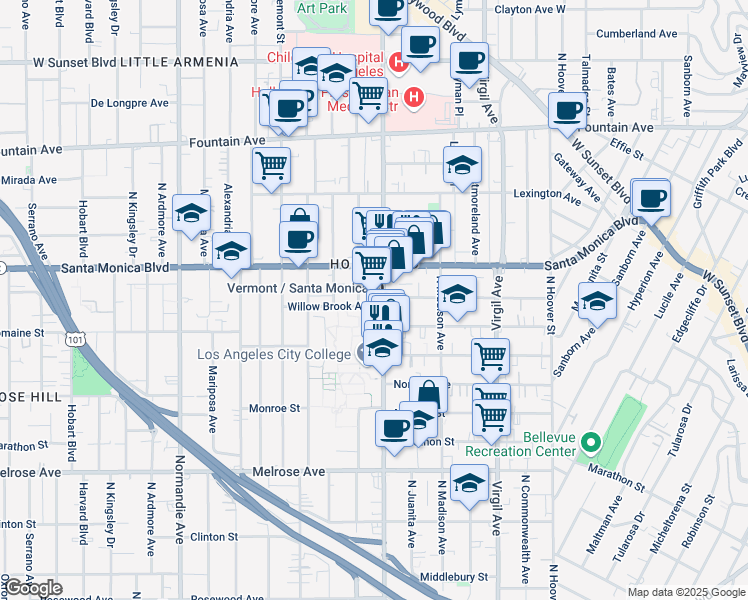 map of restaurants, bars, coffee shops, grocery stores, and more near 954 North Vermont Avenue in Los Angeles