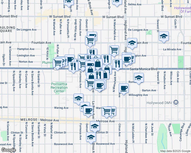 map of restaurants, bars, coffee shops, grocery stores, and more near 962 North La Brea Avenue in Los Angeles