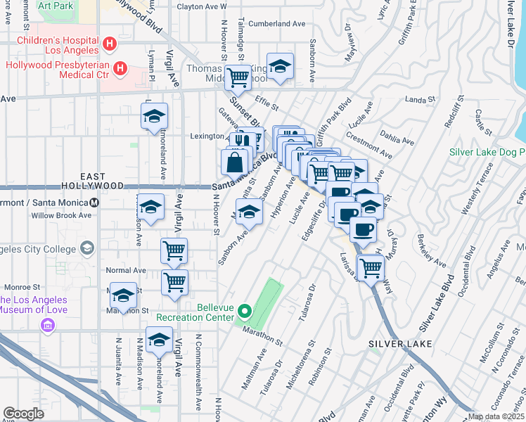 map of restaurants, bars, coffee shops, grocery stores, and more near 966 Sanborn Avenue in Los Angeles