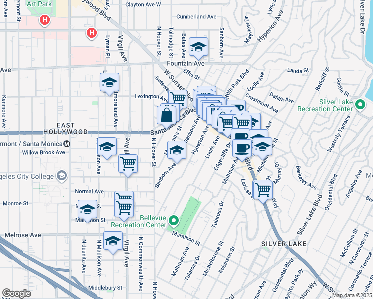 map of restaurants, bars, coffee shops, grocery stores, and more near 966 Sanborn Avenue in Los Angeles