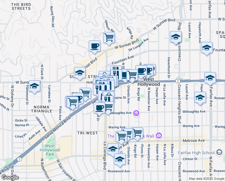 map of restaurants, bars, coffee shops, grocery stores, and more near 1007 North Alfred Street in West Hollywood