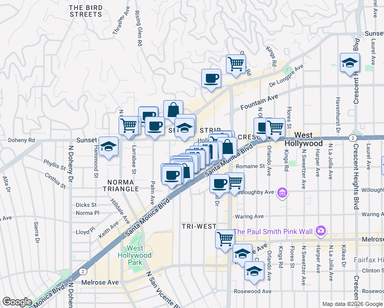 map of restaurants, bars, coffee shops, grocery stores, and more near 8620 North West Knoll Drive in West Hollywood
