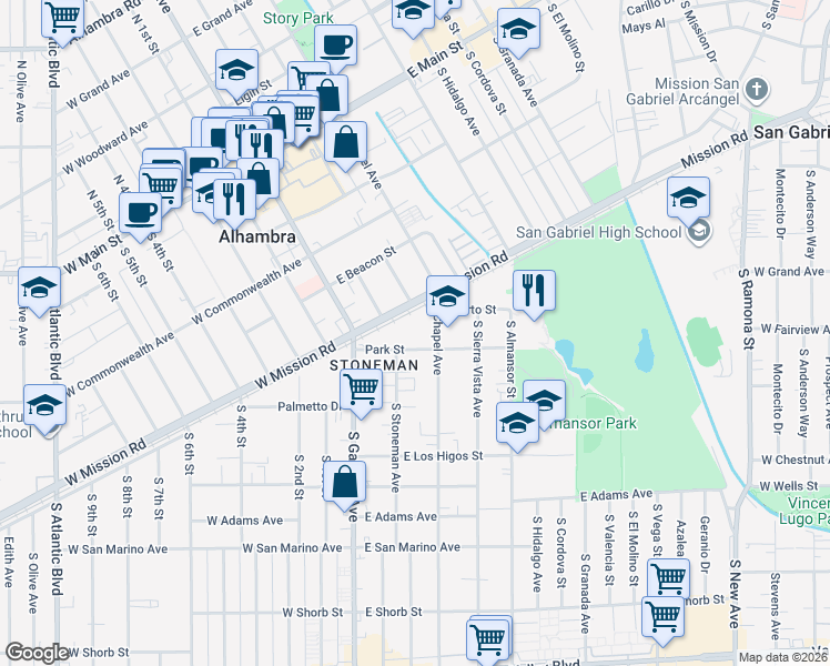 map of restaurants, bars, coffee shops, grocery stores, and more near 1124 East Park Street in Alhambra