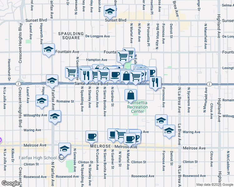 map of restaurants, bars, coffee shops, grocery stores, and more near 2 North Vista Street in Los Angeles