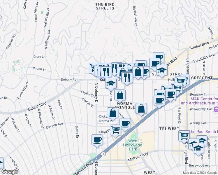 map of restaurants, bars, coffee shops, grocery stores, and more near 967 Hammond Street in West Hollywood