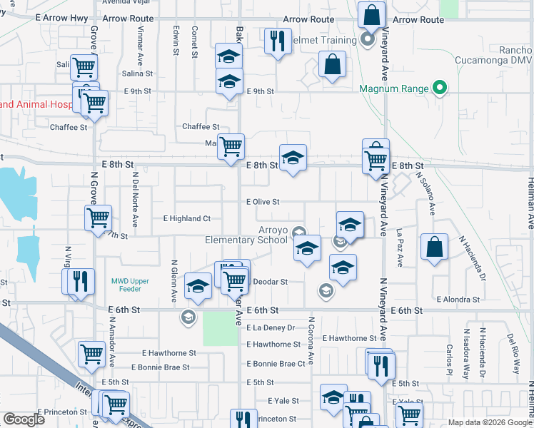 map of restaurants, bars, coffee shops, grocery stores, and more near 1656 East Highland Court in Ontario