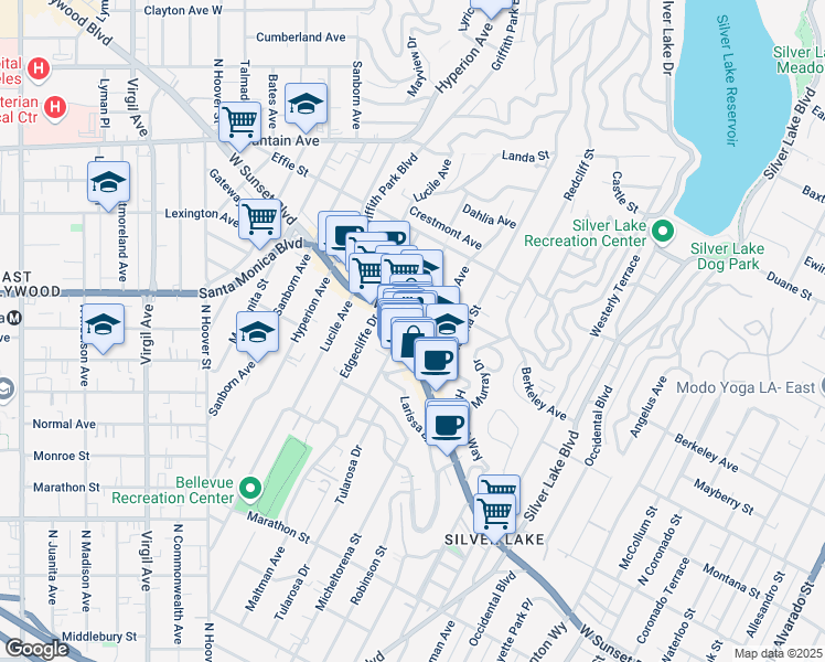 map of restaurants, bars, coffee shops, grocery stores, and more near 3503 Sunset Boulevard in Los Angeles