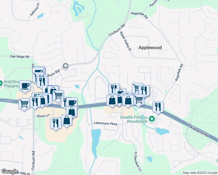 map of restaurants, bars, coffee shops, grocery stores, and more near 706 Weatherstone Trce in Woodstock