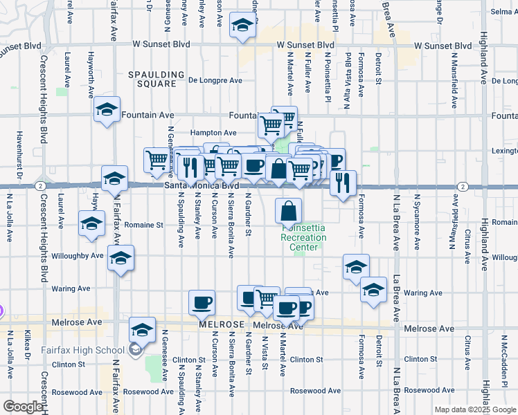 map of restaurants, bars, coffee shops, grocery stores, and more near in West Hollywood