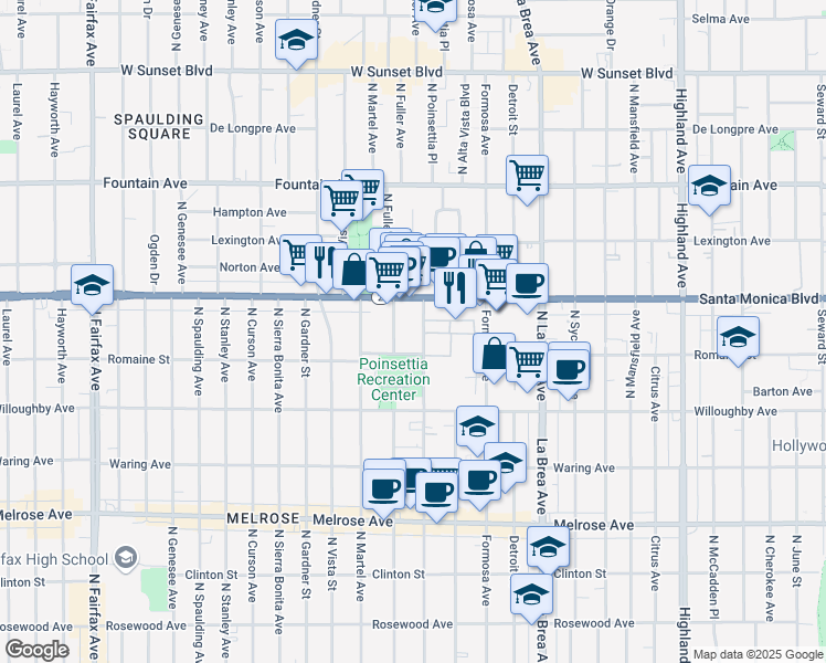 map of restaurants, bars, coffee shops, grocery stores, and more near 1000 North Poinsettia Place in Los Angeles