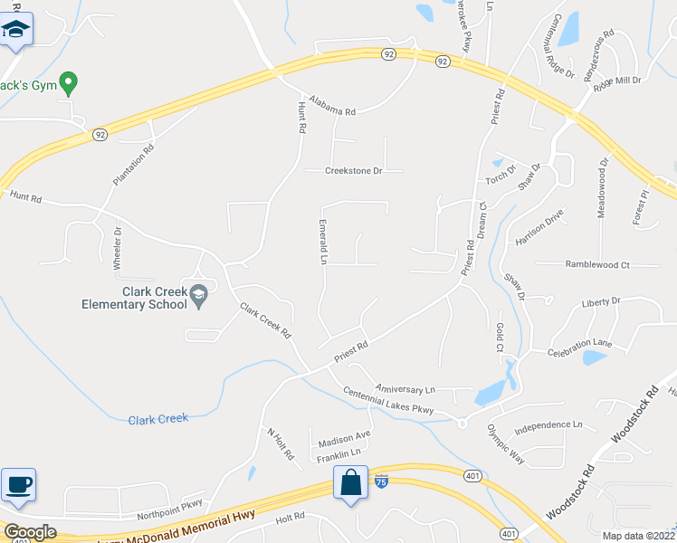 map of restaurants, bars, coffee shops, grocery stores, and more near 5554 Emerald Way in Acworth