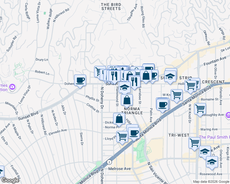 map of restaurants, bars, coffee shops, grocery stores, and more near 1001 Hammond Street in West Hollywood