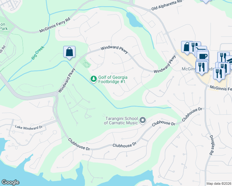 map of restaurants, bars, coffee shops, grocery stores, and more near 6020 Greatwood Terrace in Alpharetta