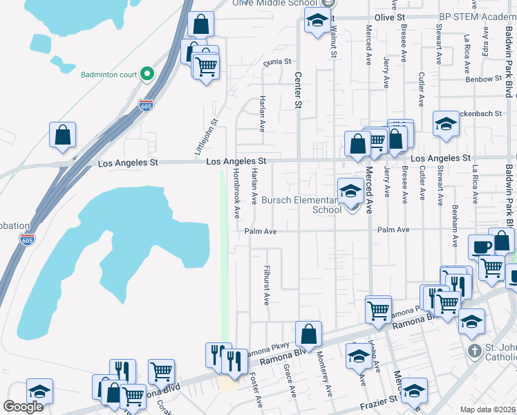 map of restaurants, bars, coffee shops, grocery stores, and more near 4244 Harlan Avenue in Baldwin Park
