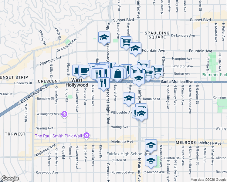 map of restaurants, bars, coffee shops, grocery stores, and more near 1031 Laurel Avenue in West Hollywood