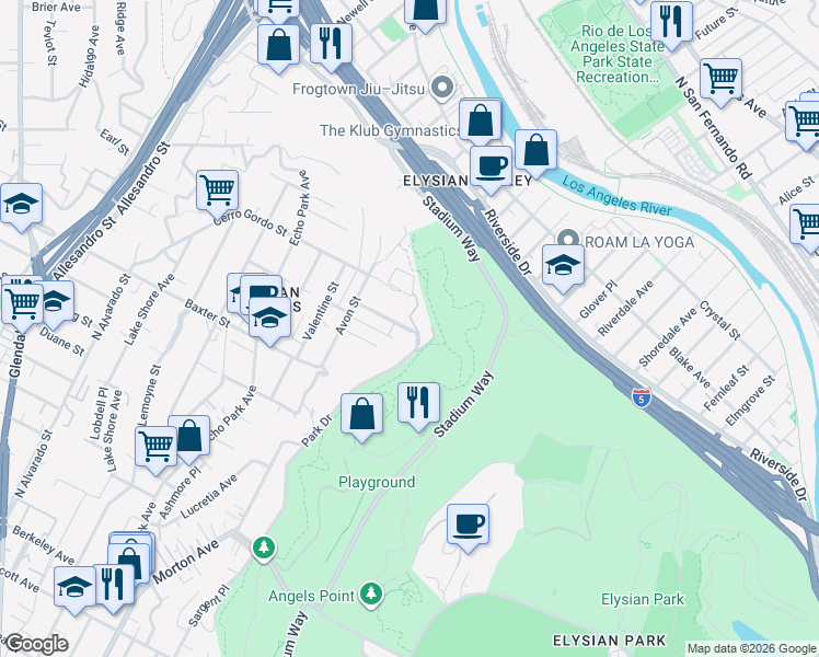 map of restaurants, bars, coffee shops, grocery stores, and more near 2100 Park Drive in Los Angeles