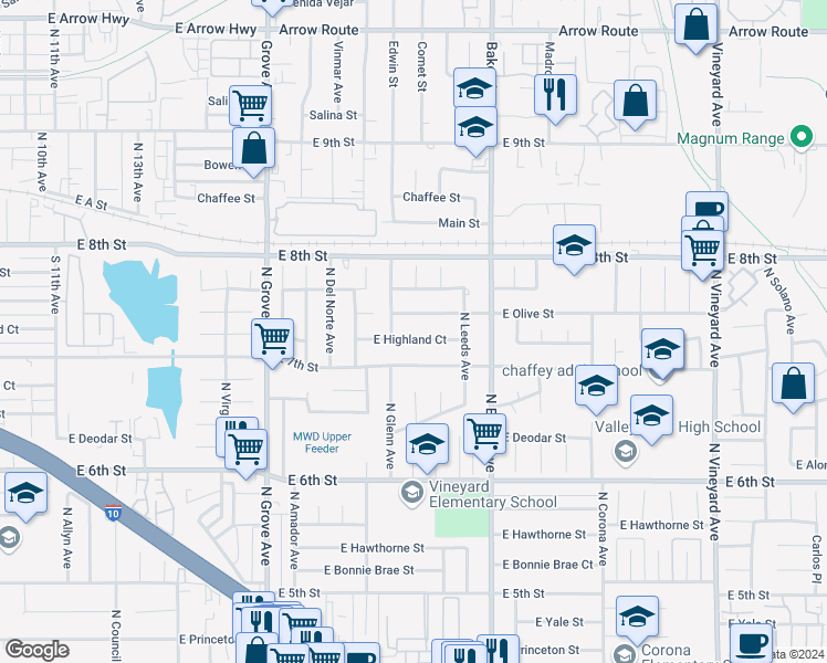 map of restaurants, bars, coffee shops, grocery stores, and more near 1483 East Highland Court in Ontario