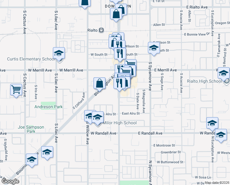 map of restaurants, bars, coffee shops, grocery stores, and more near 606 South Riverside Avenue in Rialto