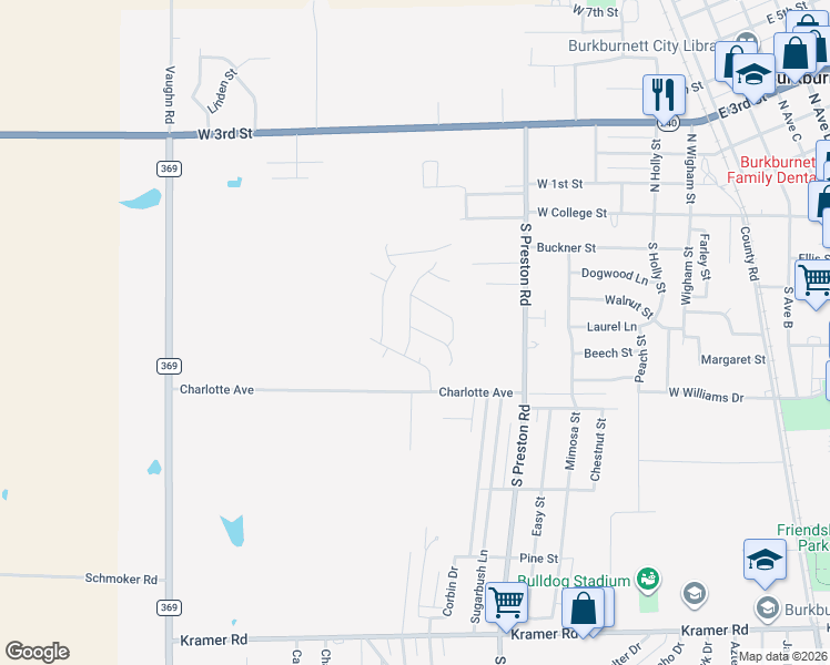 map of restaurants, bars, coffee shops, grocery stores, and more near 128 Garrett Street in Burkburnett