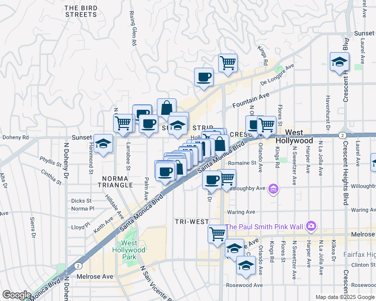 map of restaurants, bars, coffee shops, grocery stores, and more near 8620 North West Knoll Drive in West Hollywood