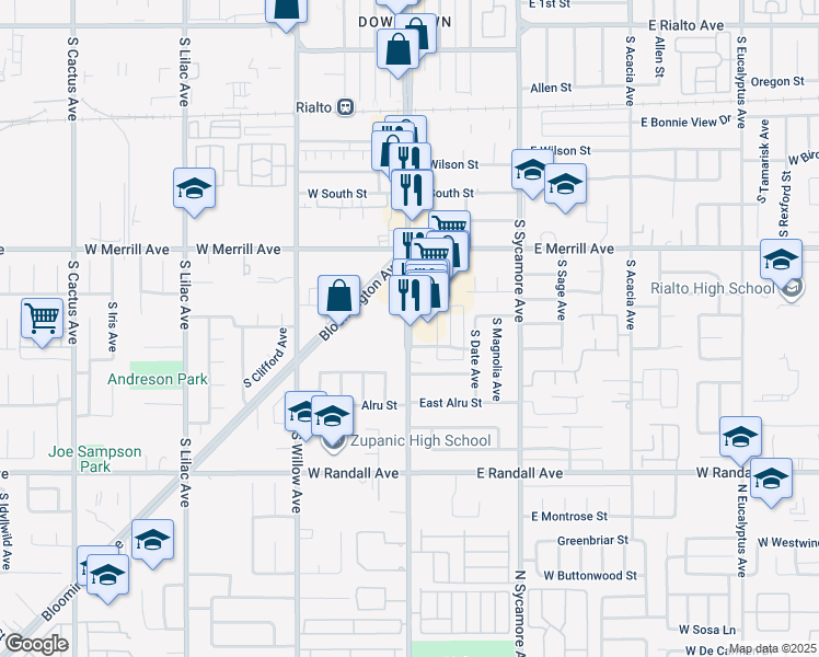 map of restaurants, bars, coffee shops, grocery stores, and more near 660 South Riverside Avenue in Rialto