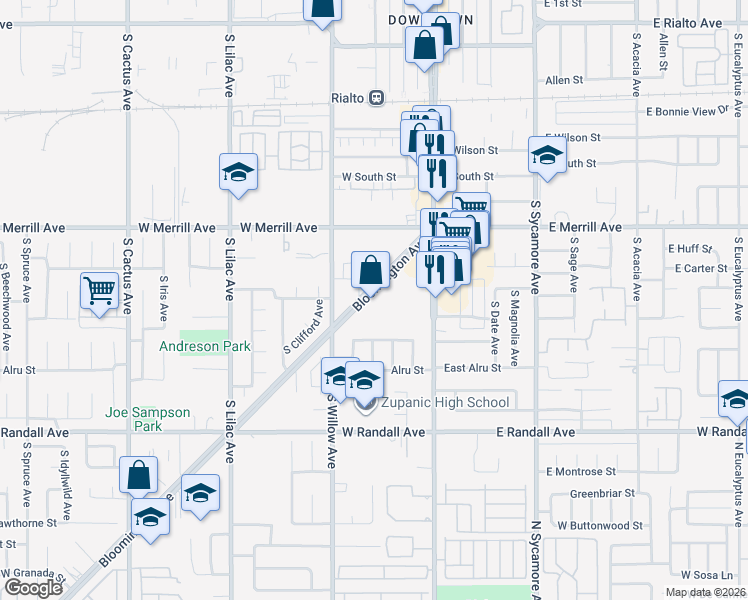 map of restaurants, bars, coffee shops, grocery stores, and more near 275 Bloomington Avenue in Rialto