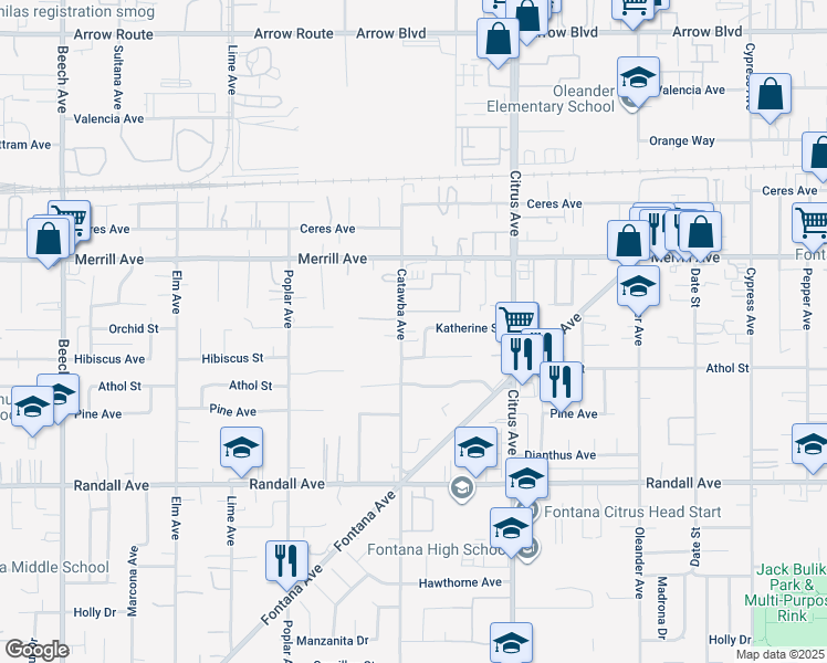 map of restaurants, bars, coffee shops, grocery stores, and more near 9060 Tokay Avenue in Fontana