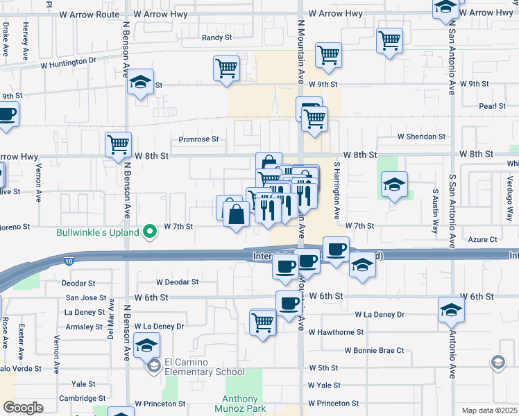 map of restaurants, bars, coffee shops, grocery stores, and more near 1271 West 7th Street in Upland