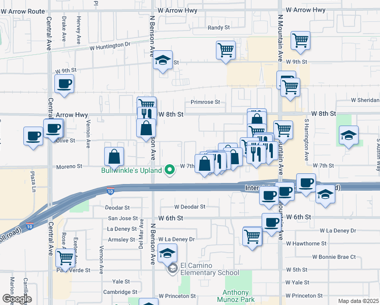 map of restaurants, bars, coffee shops, grocery stores, and more near 1481 West 7th Street in Upland