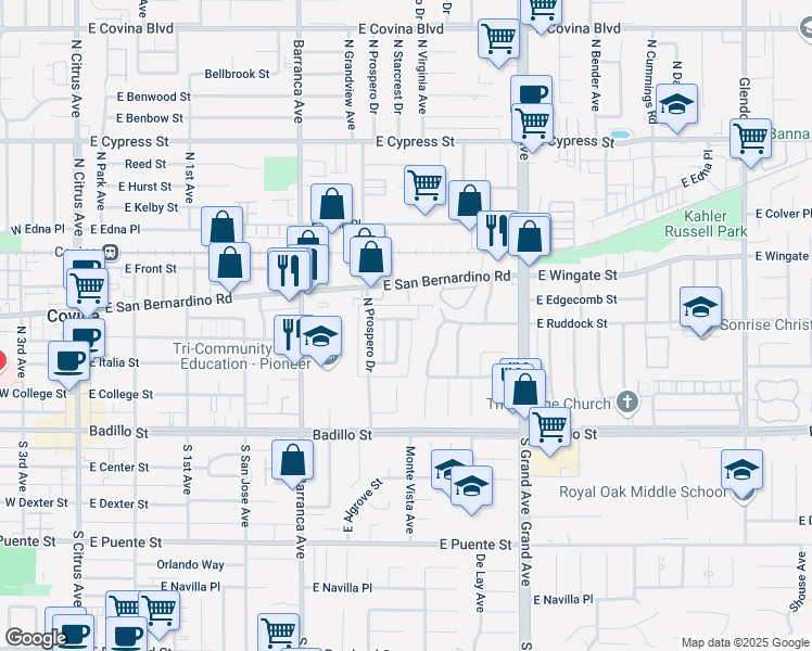 map of restaurants, bars, coffee shops, grocery stores, and more near 331 North Vecino Drive in Covina